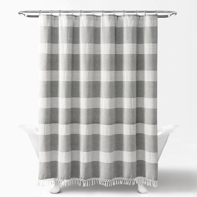 16T004684 TUCKER STRIPE YARN DYED COTTON KNOTTED TASSEL GRAY SHOWER CURTAIN 72X72 SINGLE 848742089071 ALT 1 cc46efc2 98c0 486d be72 d09e84e1291a