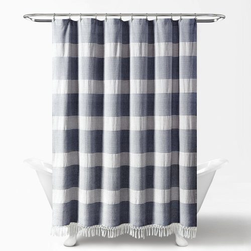 16T004686 TUCKER STRIPE YARN DYED COTTON KNOTTED TASSEL NAVY SHOWER CURTAIN 72X72 SINGLE 848742089088 ALT 1 23a810cd 0826 4c22 bee0 cb4d7c017caa