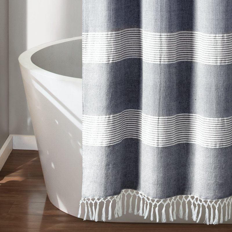 16T004686 TUCKER STRIPE YARN DYED COTTON KNOTTED TASSEL NAVY SHOWER CURTAIN 72X72 SINGLE 848742089088 ALT 3 c0dee3ef f001 42b3 8409 226a40543d1e