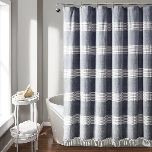 16T004686 TUCKER STRIPE YARN DYED COTTON KNOTTED TASSEL NAVY SHOWER CURTAIN 72X72 SINGLE 848742089088 69591d5e 7d40 427f a2b2 fb31bd593e9c