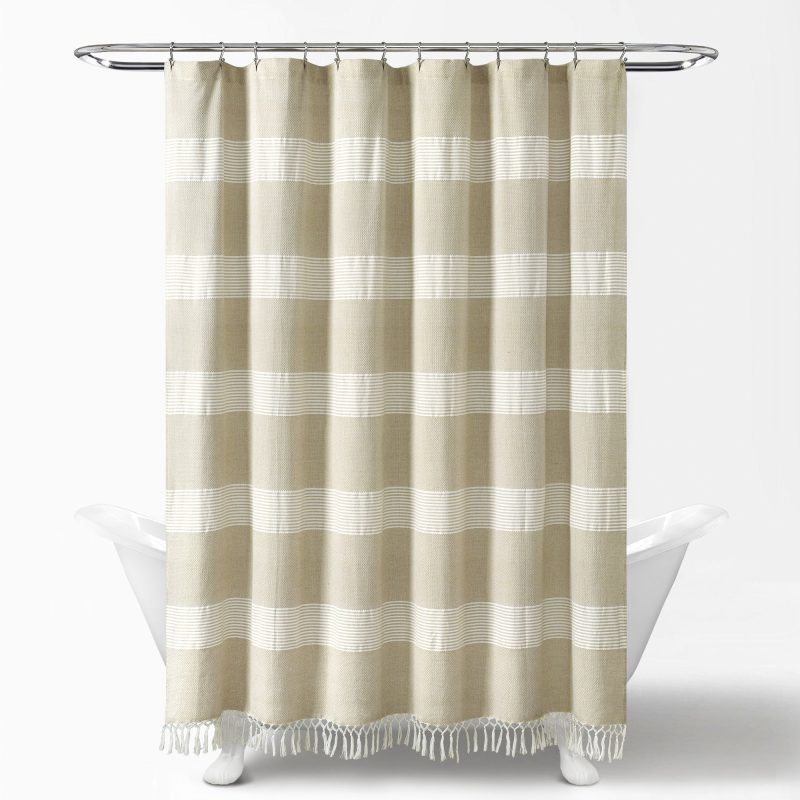 16T004688 TUCKER STRIPE YARN DYED COTTON KNOTTED TASSEL TAUPE SHOWER CURTAIN 72X72 SINGLE 848742089095 ALT 1 d0fcf446 2bb7 4467 9e85 c7118dfe71e3