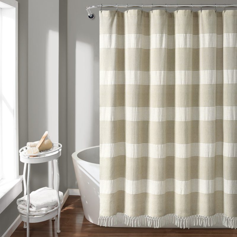 16T004688 TUCKER STRIPE YARN DYED COTTON KNOTTED TASSEL TAUPE SHOWER CURTAIN 72X72 SINGLE 848742089095 2206772e f5a8 4b08 938e 802f8f9c03fa