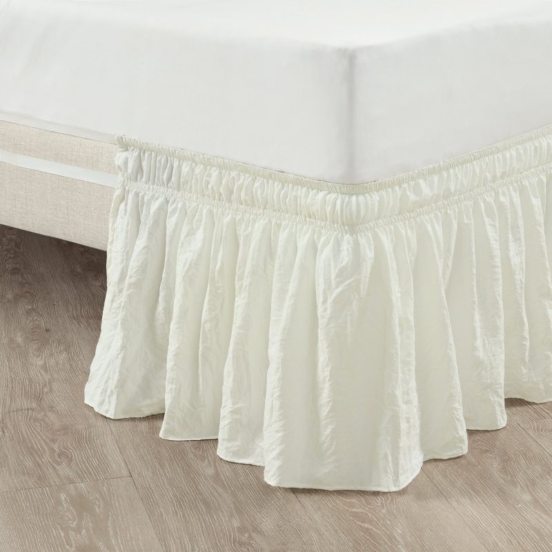 16T005506 RUCHED RUFFLE ELASTIC EASY WRAP AROUND SINGLE IVORY BED SKIRT QUEEN KING 848742097977