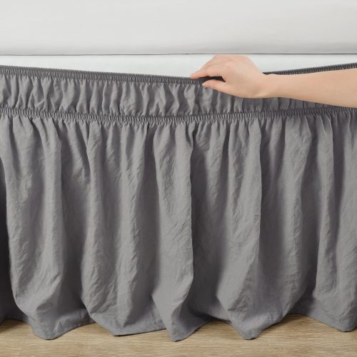 16T005512 RUCHED RUFFLE ELASTIC EASY WRAP AROUND SINGLE DARK GRAY BED SKIRT QUEEN KING 848742098035 ALT 1