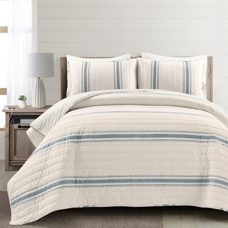 16T006285 FARMHOUSE STRIPE 3 PC BLUE QUILT FULL QUEEN 194938005463 b01a977d 4250 4ff3 81ec def718cd550f