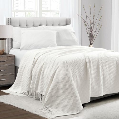 16T006468 WAFFLE COTTON KNIT WHITE BLANKET COVERLET FULL QUEEN 194938007818 ecb45f0c b8db 4ed1 9467 2ea37717f7f9