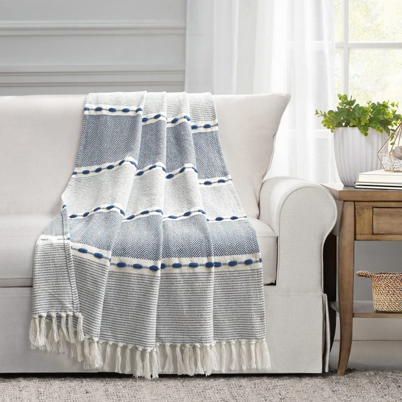 16T007189 HERRINGBONE STRIPE YARN DYED COTTON WOVEN TASSEL NAVY WHITE THROW 50X60 194938014939 51cb8b2e bf77 42d0 9d17 aff3648b6026