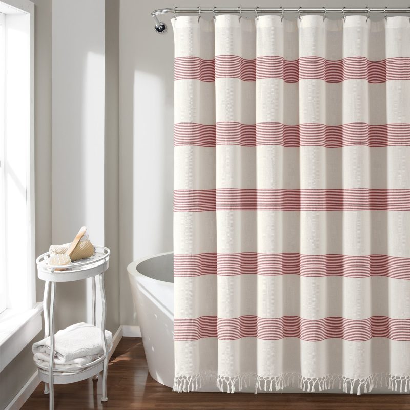 16T008178 TUCKER STRIPE YARN DYED COTTON KNOTTED TASSEL WHITE RED SHOWER CURTAIN 72X72 SINGLE 194938025942 52404aec 7268 49a0 bbb6 1fd865247c86