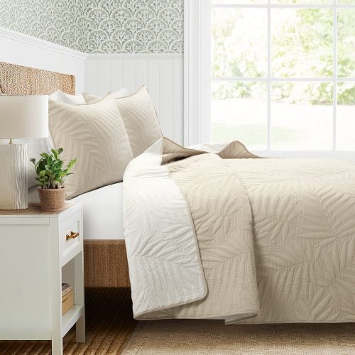 194938070959 ISLA EMBROIDERED LEAF REVERSIBLE COTTON QUILT NEUTRAL WHITE 3PC SET FULL QUEEN ALT 2