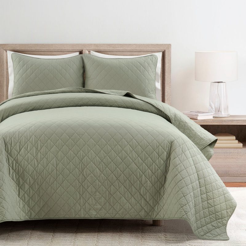 194938071529 AVA DIAMOND OVERSIZED COTTON QUILT SAGE 3PC SET KING