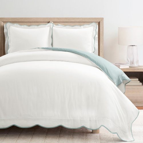 194938071628 COASTAL CHIC SCALLOP EDGE DUVET BLUE WHITE 3PC SET KING